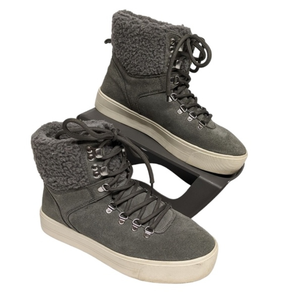 Marc Fisher Ankle Boots Women 6 M Faux Fur Trim Suede Lace Up Gray White Band 6M